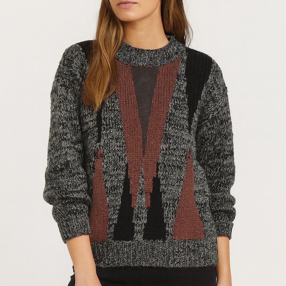 Pacific Club Vintage Sweater Black and Gray Brown w/ Leather accent